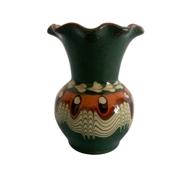 Miniature 3" Bulgarian Troyan Art Pottery Peacock Eye Redware Vase Vintage - Picture 2 of 7